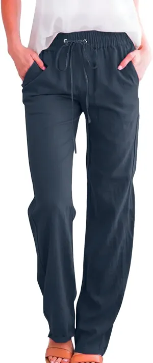 Long Linen Pants Women Summer Casual Pant 2024 Trendy 2024 Straight Leg Elastic Waisted Palazzo Trouser With Pocket