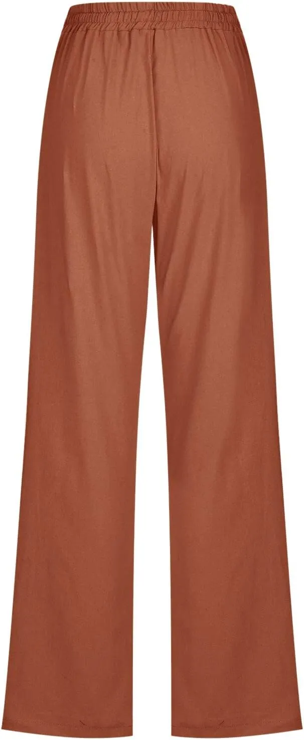 Long Linen Pants Women Summer Casual Pant 2024 Trendy 2024 Straight Leg Elastic Waisted Palazzo Trouser With Pocket