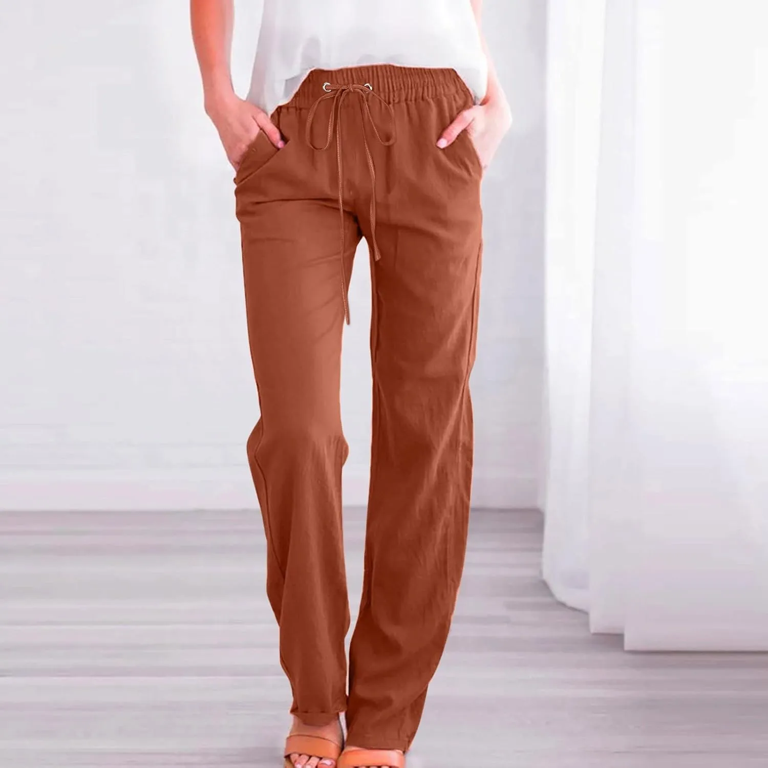 Long Linen Pants Women Summer Casual Pant 2024 Trendy 2024 Straight Leg Elastic Waisted Palazzo Trouser With Pocket