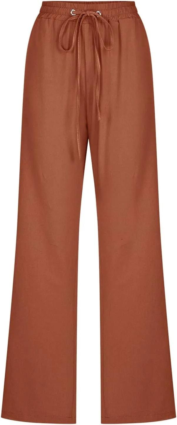 Long Linen Pants Women Summer Casual Pant 2024 Trendy 2024 Straight Leg Elastic Waisted Palazzo Trouser With Pocket