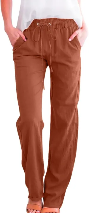 Long Linen Pants Women Summer Casual Pant 2024 Trendy 2024 Straight Leg Elastic Waisted Palazzo Trouser With Pocket