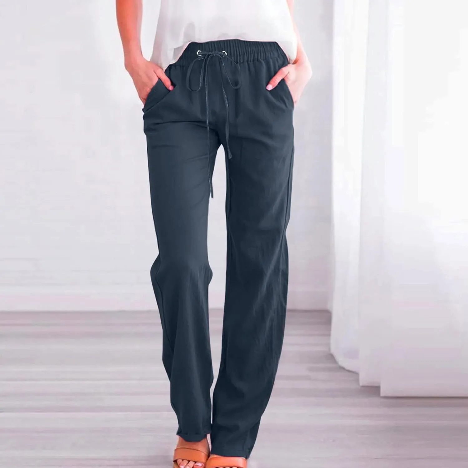 Long Linen Pants Women Summer Casual Pant 2024 Trendy 2024 Straight Leg Elastic Waisted Palazzo Trouser With Pocket
