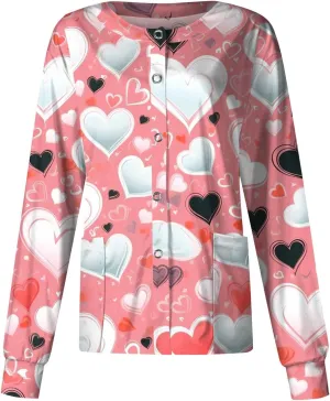 Long Sleeve Scrub Jackets Print Scrub Jackets for Women Snap Front Cute Animals Pattern Medical Nurse Working Uniforms