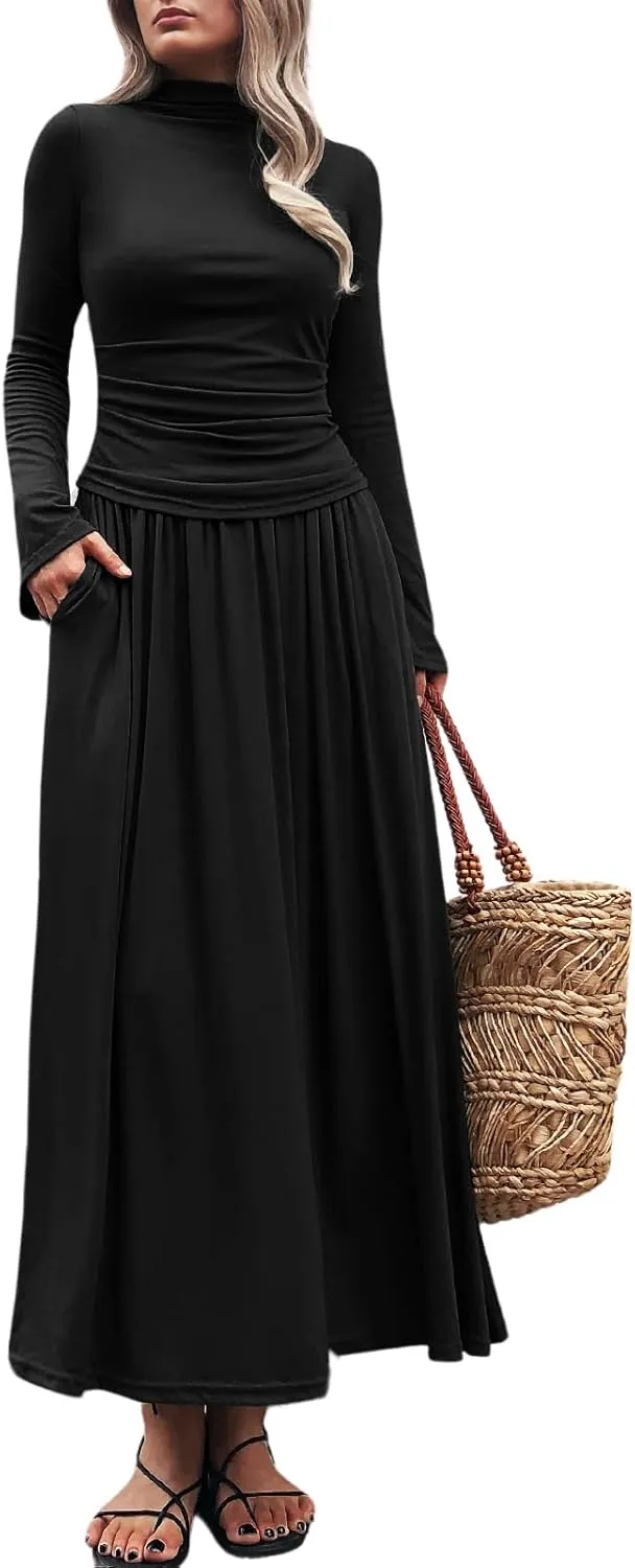Long Sleeve Two Pieces Skirt Sets Women 2 Piece Outfits Casual Mock Neck Tops Swing Maxi Skirts Sets with Pockets