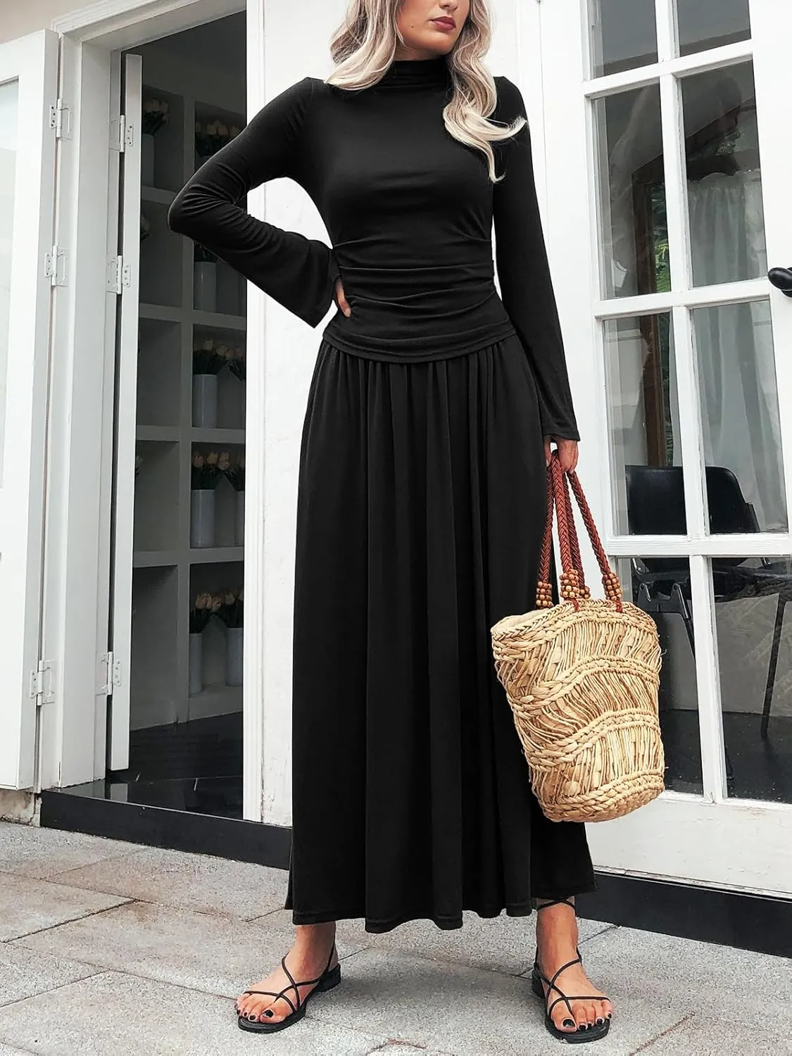 Long Sleeve Two Pieces Skirt Sets Women 2 Piece Outfits Casual Mock Neck Tops Swing Maxi Skirts Sets with Pockets