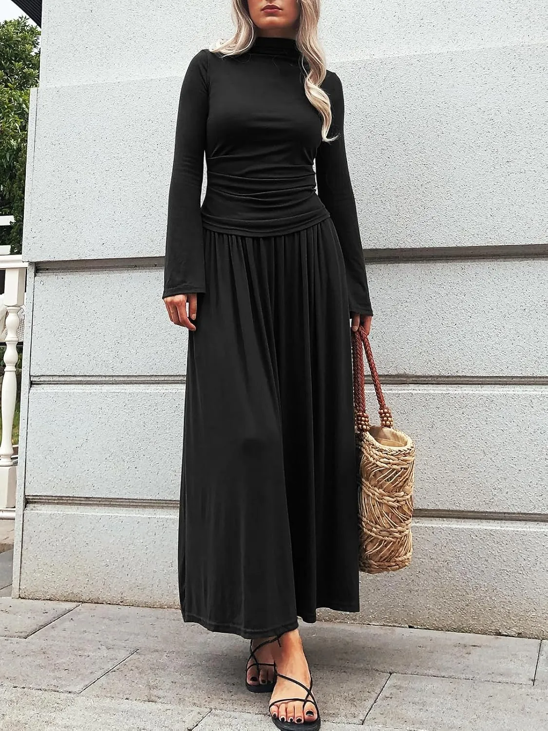 Long Sleeve Two Pieces Skirt Sets Women 2 Piece Outfits Casual Mock Neck Tops Swing Maxi Skirts Sets with Pockets