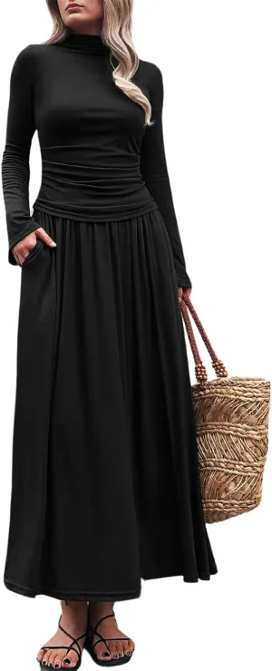 Long Sleeve Two Pieces Skirt Sets Women 2 Piece Outfits Casual Mock Neck Tops Swing Maxi Skirts Sets with Pockets