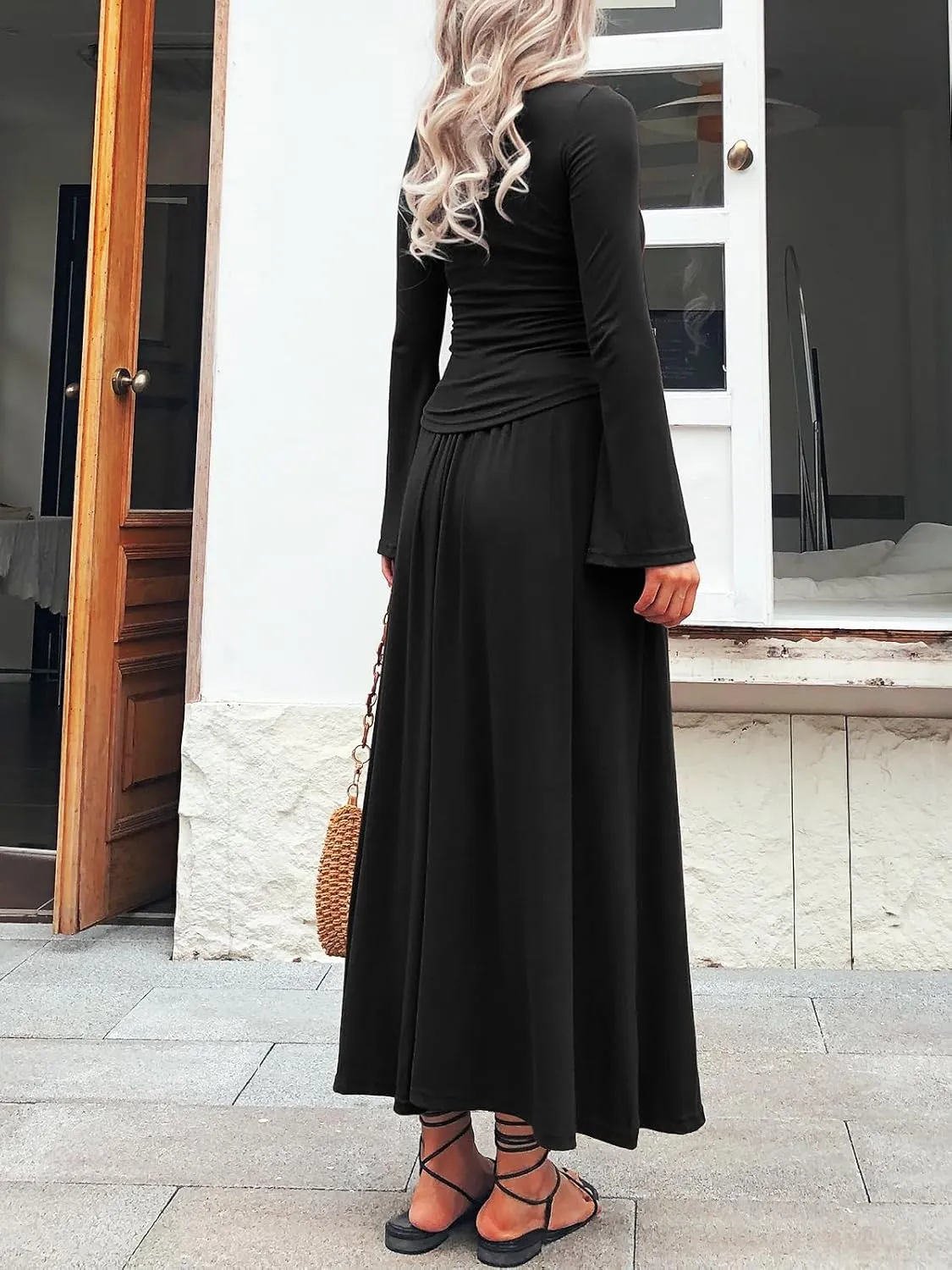 Long Sleeve Two Pieces Skirt Sets Women 2 Piece Outfits Casual Mock Neck Tops Swing Maxi Skirts Sets with Pockets