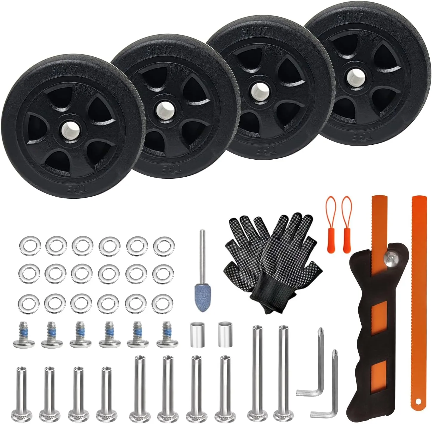 Luggage Wheels Replacement Kit for Spinner Suitcase Caster Trolley Carry on Rolling Duffel Bags Full Set Repair Wheels 4 PC TPE Rollers 50x17mm Black