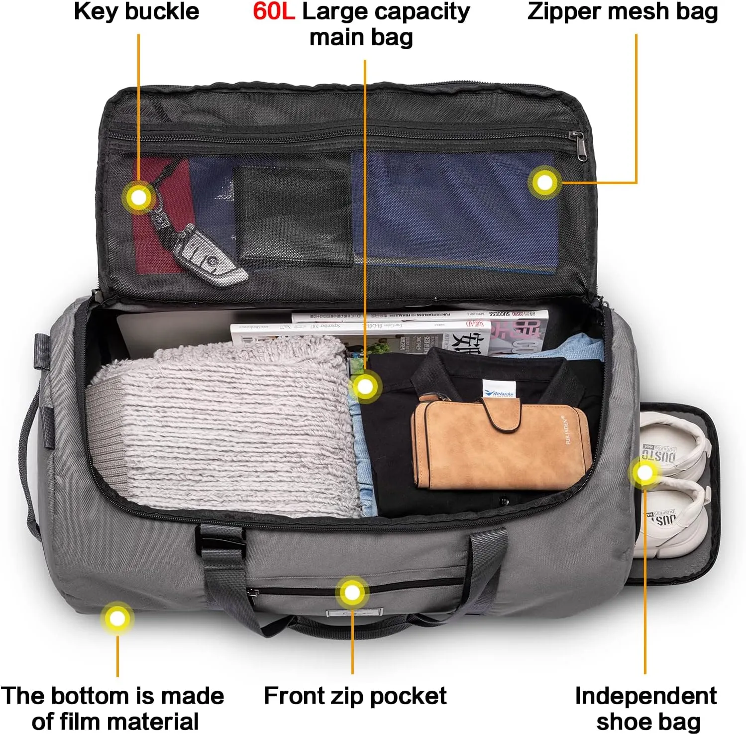 Lyweem 60L Duffle Bag for Men Travel Duffel Bag Large Size for Women Weekender Overnight with Shoes Compartment Multifunctional Gym Bags, Gray
