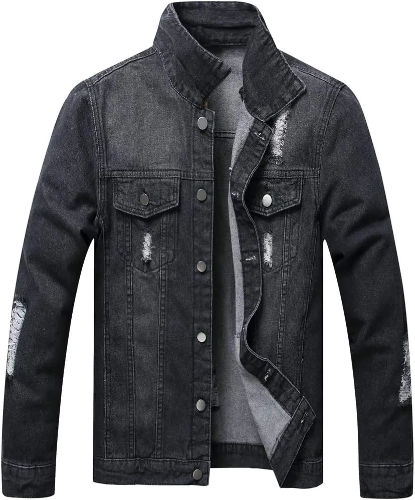 LZLER Men's Denim Jackets Distressed Destroyed Classic Vintage Slim Fit Ripped 2024 Fashion Trendy Trucker Jean Jackets