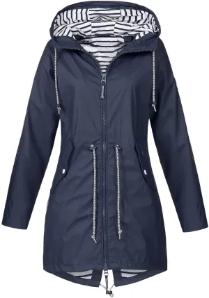 maisdgop Womens Rain Coat Casual Windproof Drawstring Trench Coat Lightweight Striped Lined Hooded Raincoats with Pockets