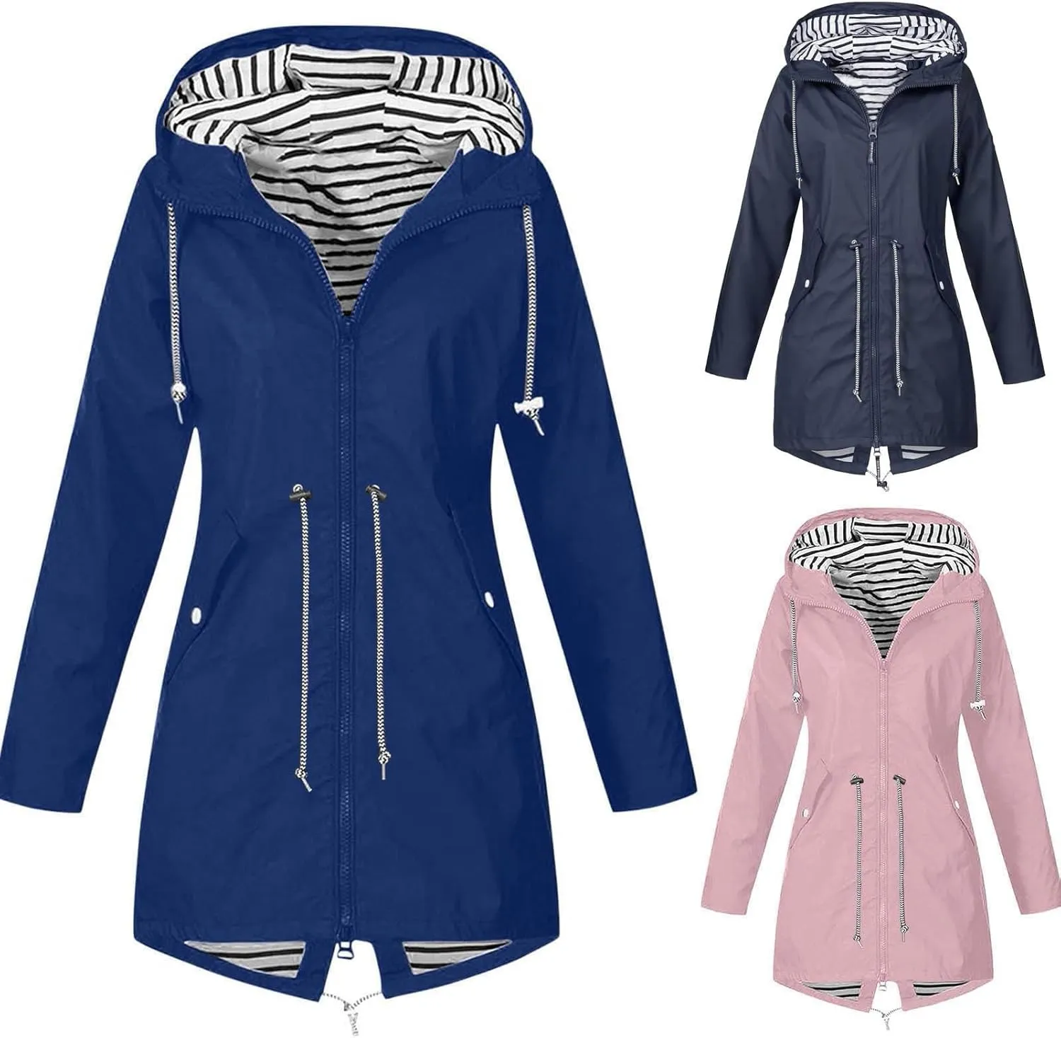 maisdgop Womens Rain Coat Casual Windproof Drawstring Trench Coat Lightweight Striped Lined Hooded Raincoats with Pockets