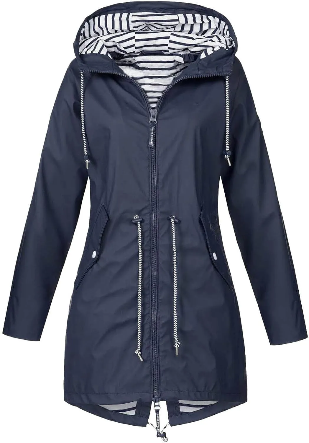 maisdgop Womens Rain Coat Casual Windproof Drawstring Trench Coat Lightweight Striped Lined Hooded Raincoats with Pockets