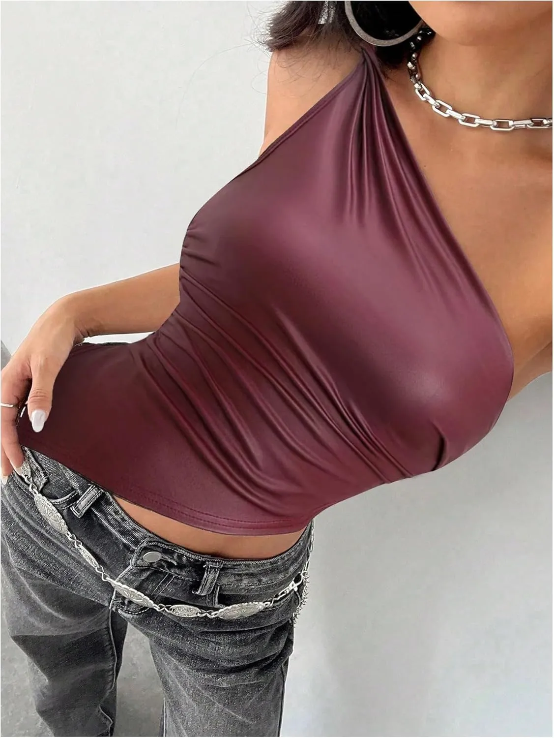 MakeMeChic Women's One Shoulder Tops Y2k Asymmetrical Sleeveless Summer Going Out Tank Top