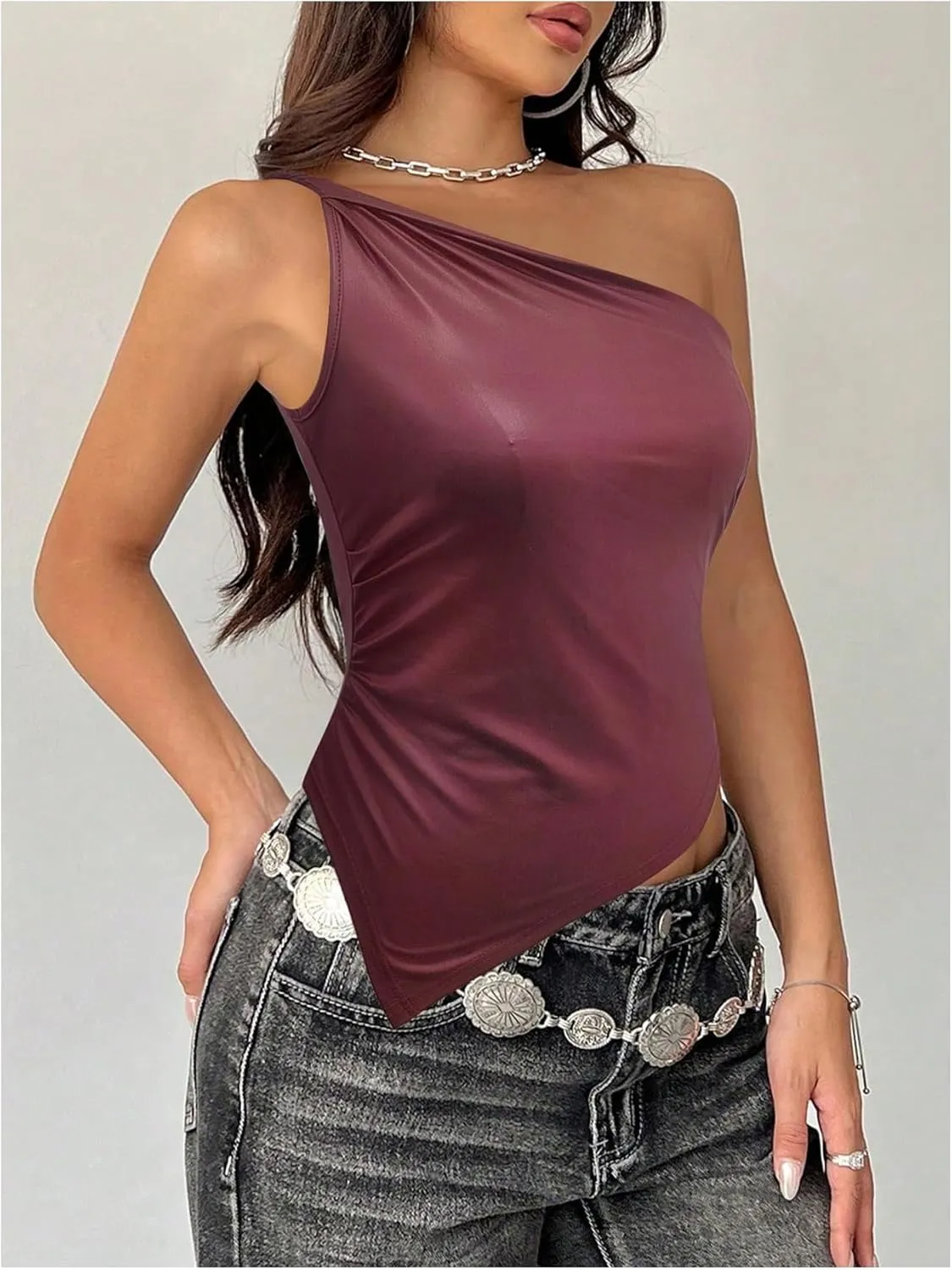 MakeMeChic Women's One Shoulder Tops Y2k Asymmetrical Sleeveless Summer Going Out Tank Top