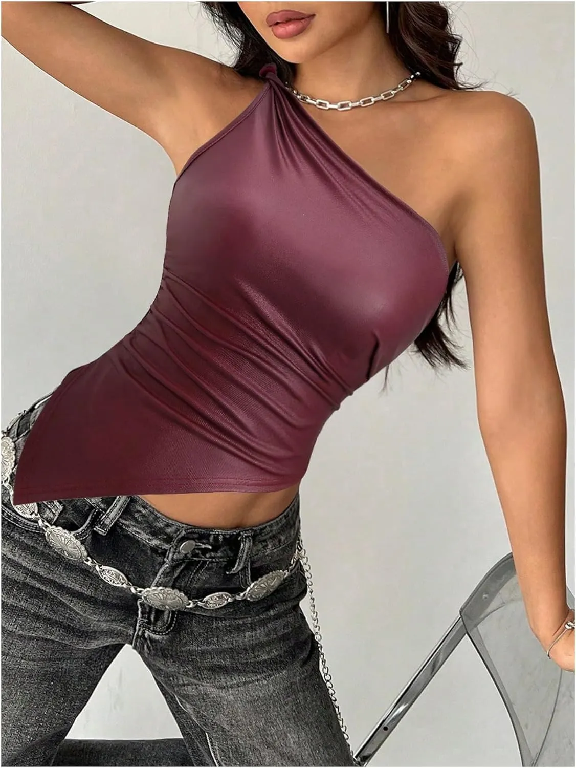 MakeMeChic Women's One Shoulder Tops Y2k Asymmetrical Sleeveless Summer Going Out Tank Top