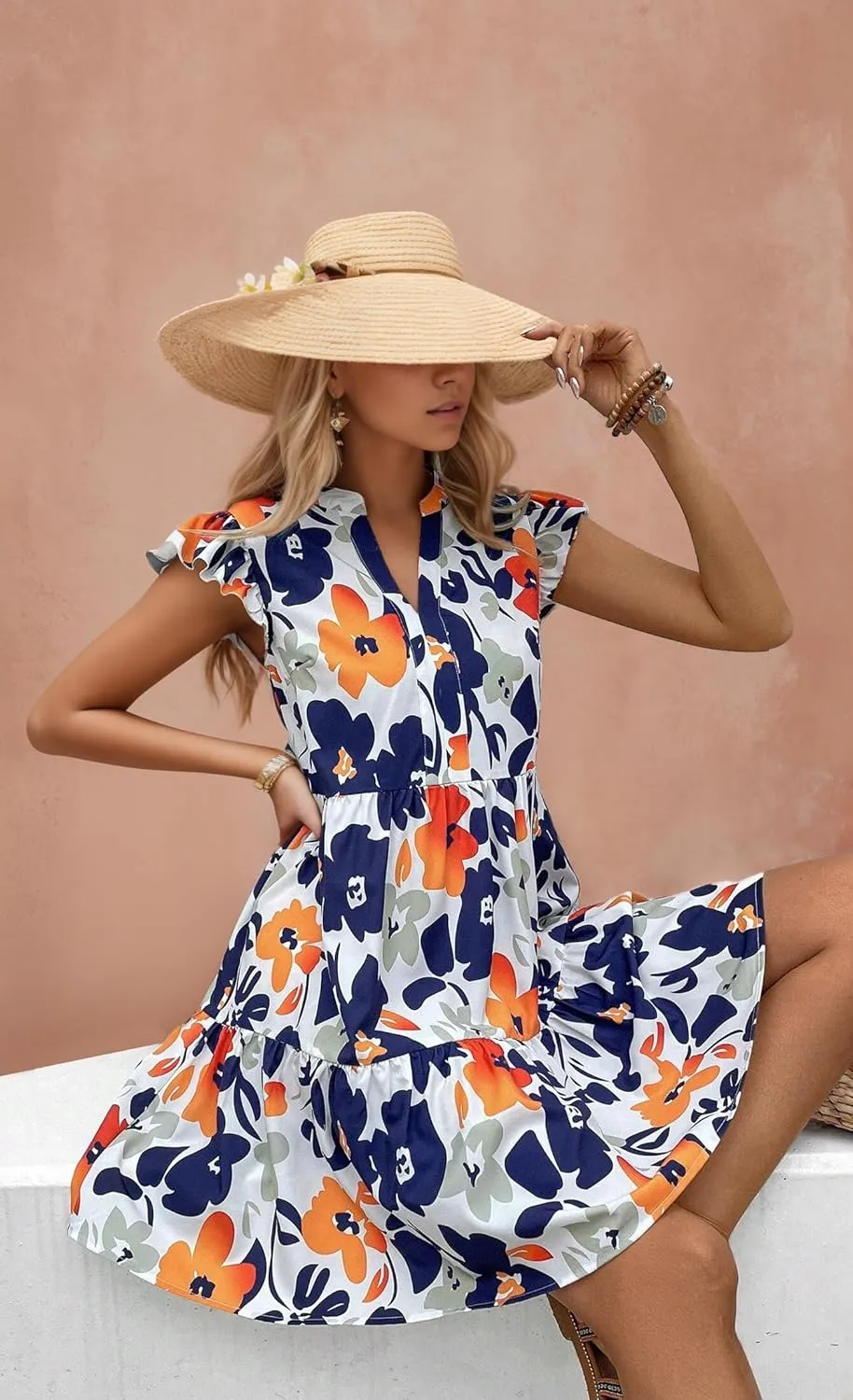 MARZXIN Casual Summer Dresses for Women 2024 Bohemian Sleeveless Loose Sundress Beach Floral Print Dress