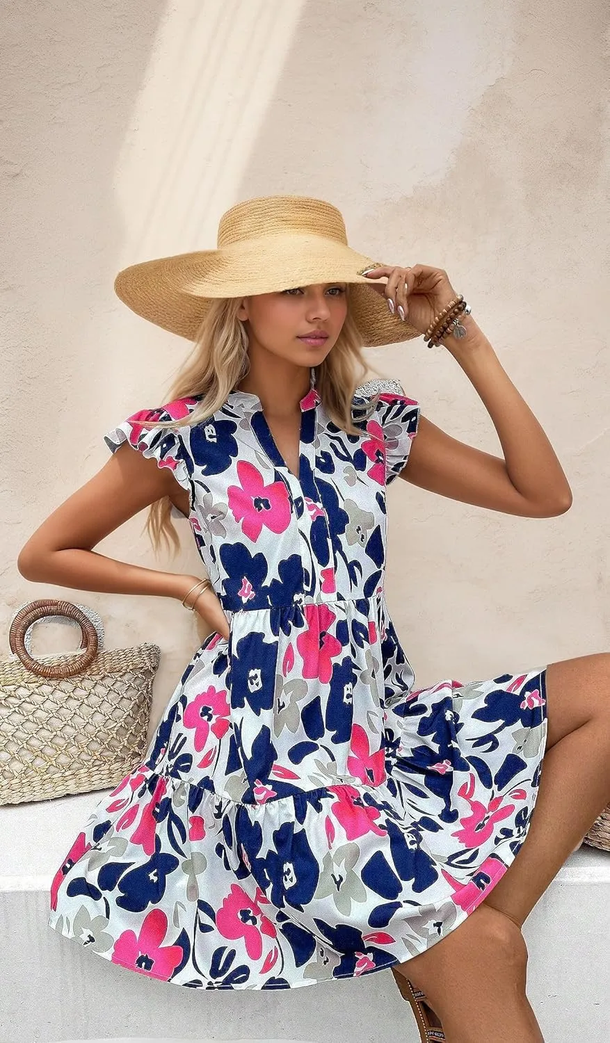 MARZXIN Casual Summer Dresses for Women 2024 Bohemian Sleeveless Loose Sundress Beach Floral Print Dress