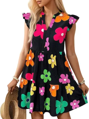 MARZXIN Casual Summer Dresses for Women 2024 Bohemian Sleeveless Loose Sundress Beach Floral Print Dress