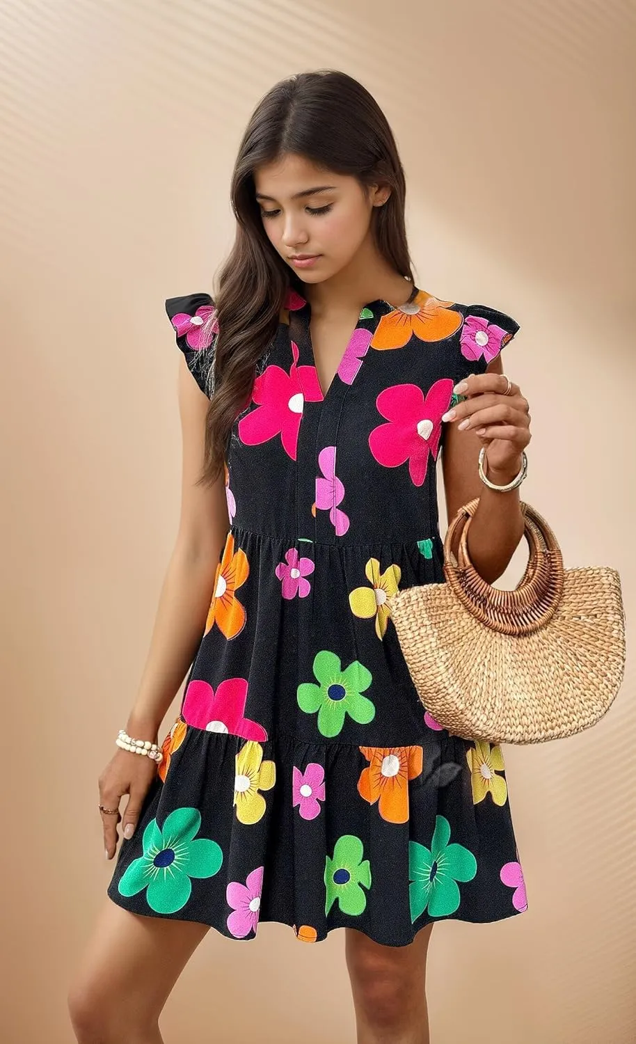 MARZXIN Casual Summer Dresses for Women 2024 Bohemian Sleeveless Loose Sundress Beach Floral Print Dress