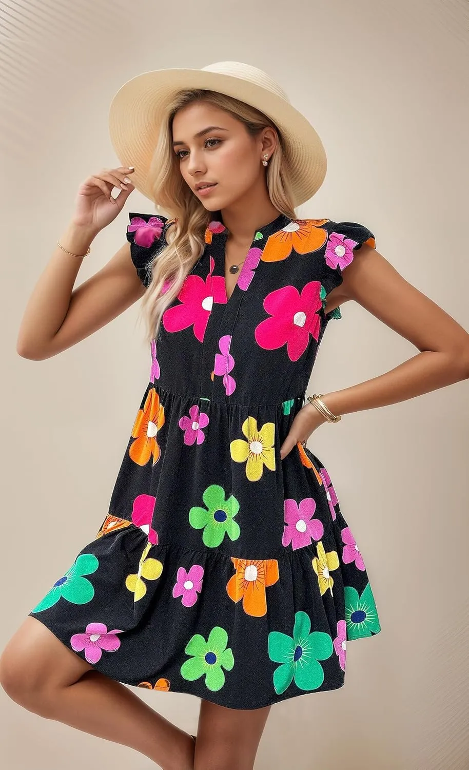 MARZXIN Casual Summer Dresses for Women 2024 Bohemian Sleeveless Loose Sundress Beach Floral Print Dress