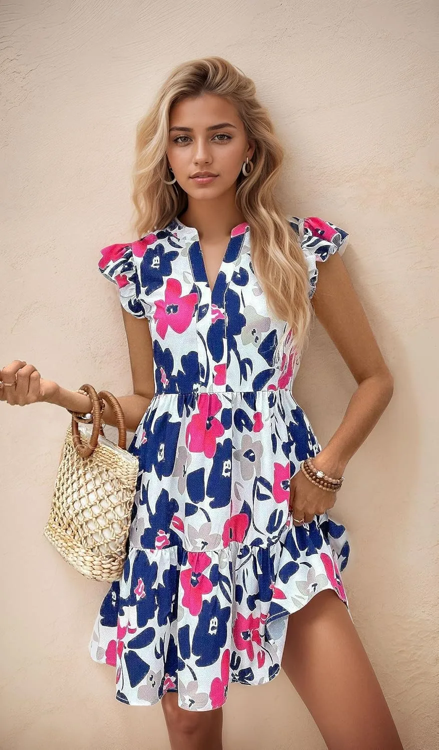 MARZXIN Casual Summer Dresses for Women 2024 Bohemian Sleeveless Loose Sundress Beach Floral Print Dress