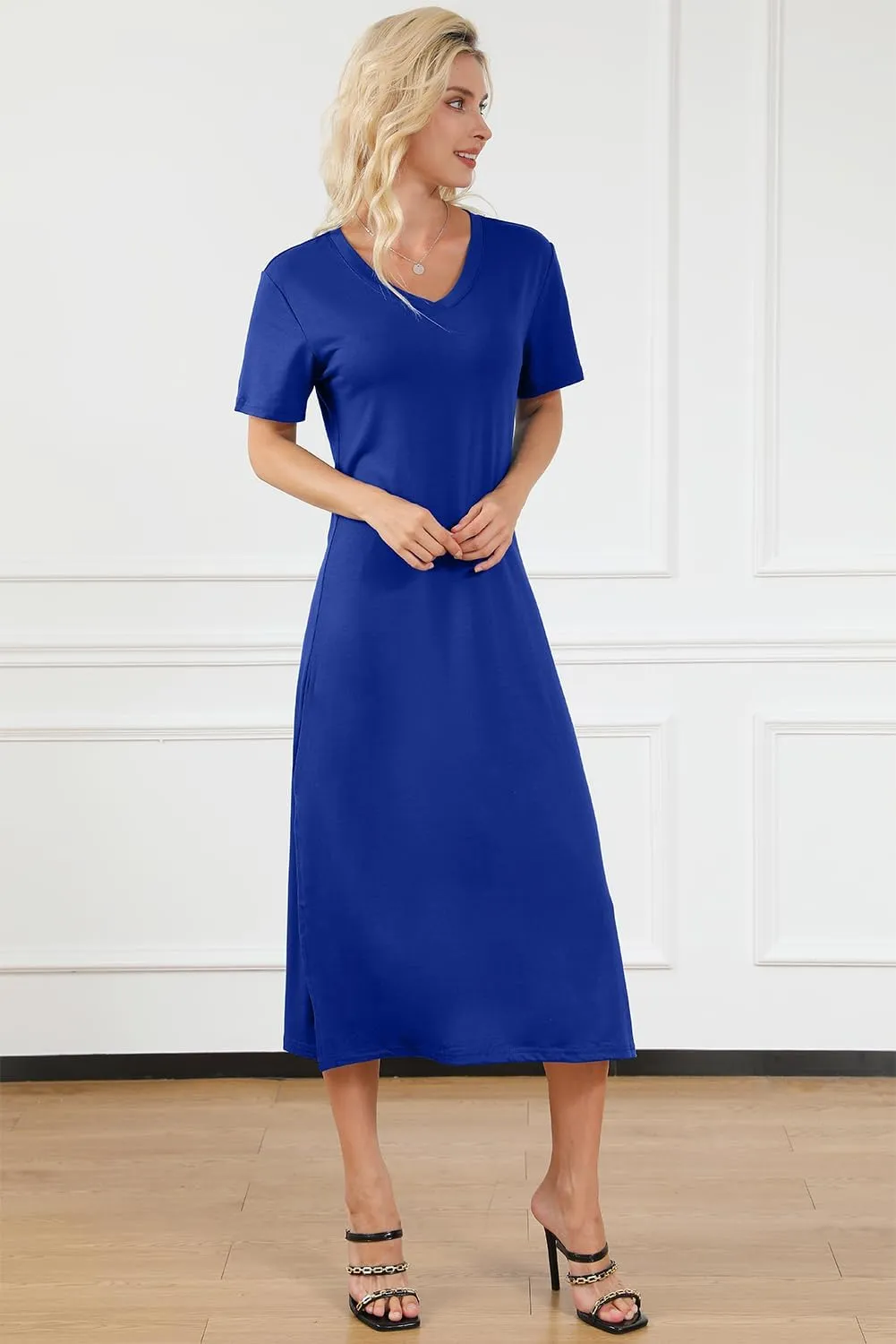 MARZXIN Women 2025 Casual Maxi Dress Short Sleeve V Neck Stripe Sundress Split Loose Long Summer Tshirt Activewear Dress