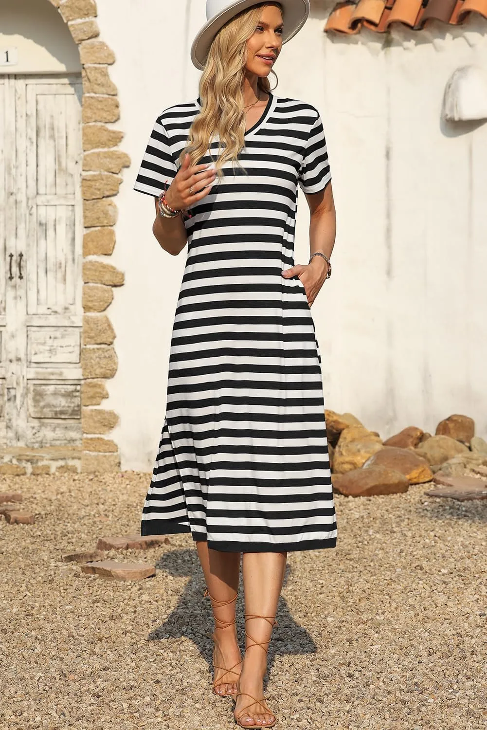 MARZXIN Women 2025 Casual Maxi Dress Short Sleeve V Neck Stripe Sundress Split Loose Long Summer Tshirt Activewear Dress