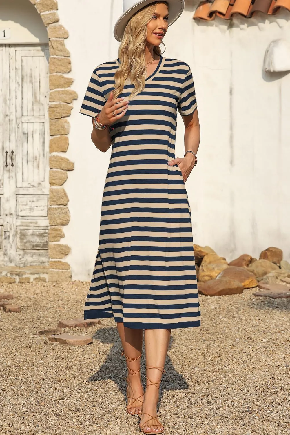 MARZXIN Women 2025 Casual Maxi Dress Short Sleeve V Neck Stripe Sundress Split Loose Long Summer Tshirt Activewear Dress