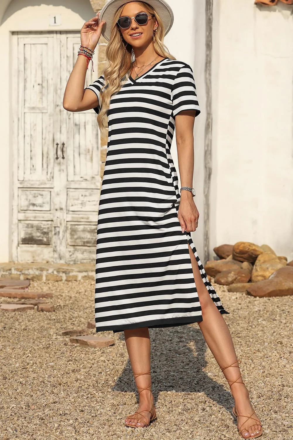 MARZXIN Women 2025 Casual Maxi Dress Short Sleeve V Neck Stripe Sundress Split Loose Long Summer Tshirt Activewear Dress