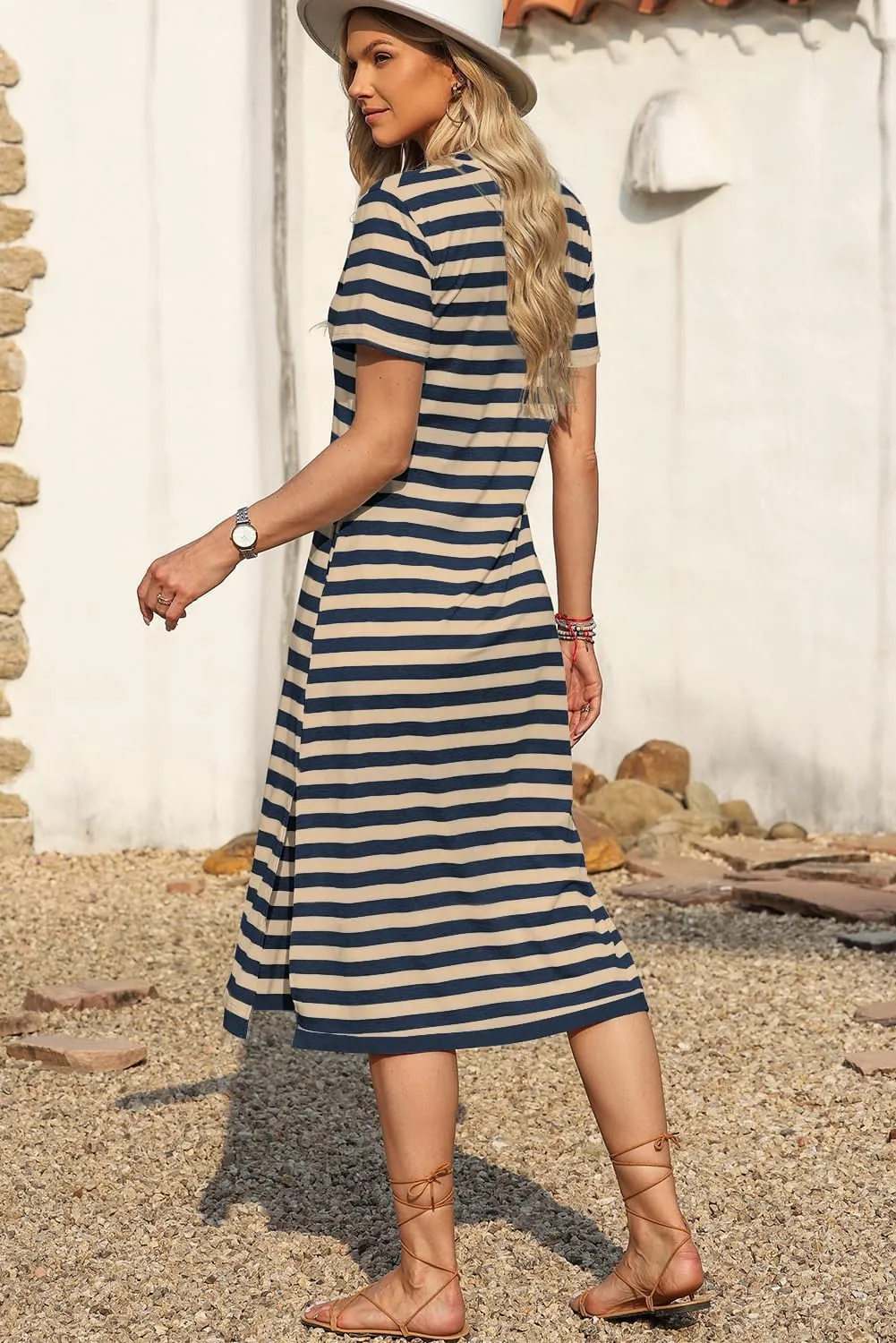 MARZXIN Women 2025 Casual Maxi Dress Short Sleeve V Neck Stripe Sundress Split Loose Long Summer Tshirt Activewear Dress
