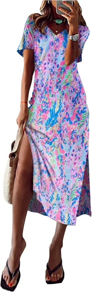 MARZXIN Women 2025 Casual Maxi Dress Short Sleeve V Neck Stripe Sundress Split Loose Long Summer Tshirt Activewear Dress