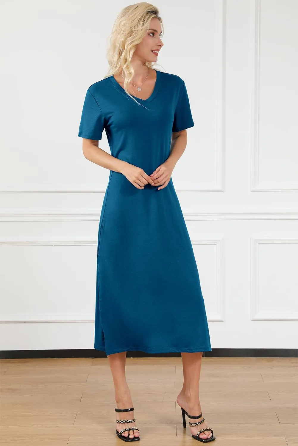 MARZXIN Women 2025 Casual Maxi Dress Short Sleeve V Neck Stripe Sundress Split Loose Long Summer Tshirt Activewear Dress
