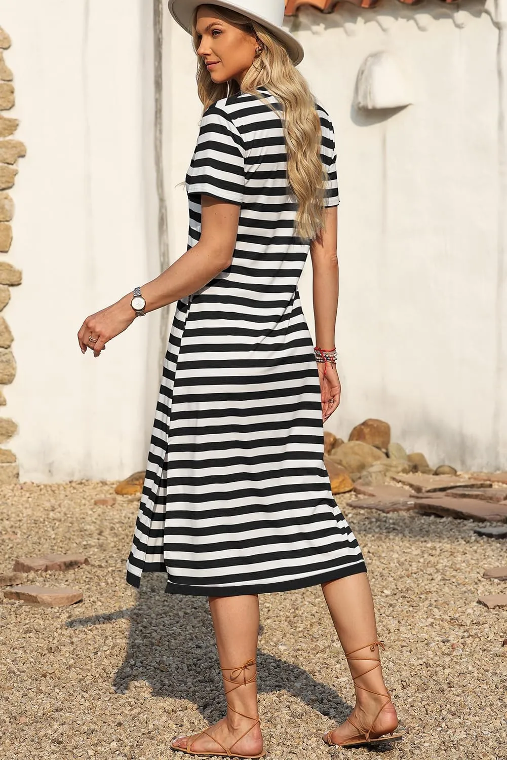 MARZXIN Women 2025 Casual Maxi Dress Short Sleeve V Neck Stripe Sundress Split Loose Long Summer Tshirt Activewear Dress