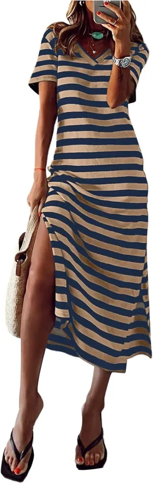 MARZXIN Women 2025 Casual Maxi Dress Short Sleeve V Neck Stripe Sundress Split Loose Long Summer Tshirt Activewear Dress