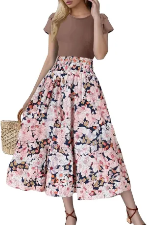 Maxi Dresses for Women 2025 Summer Casual Trendy Short Sleeve Crew Neck Floral Print Flowy Boho Dress, S-2XL
