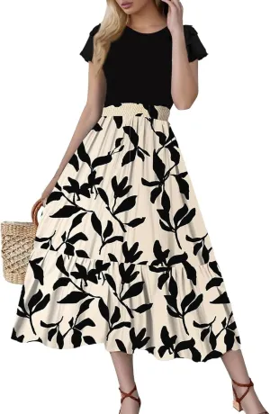 Maxi Dresses for Women 2025 Summer Casual Trendy Short Sleeve Crew Neck Floral Print Flowy Boho Dress, S-2XL