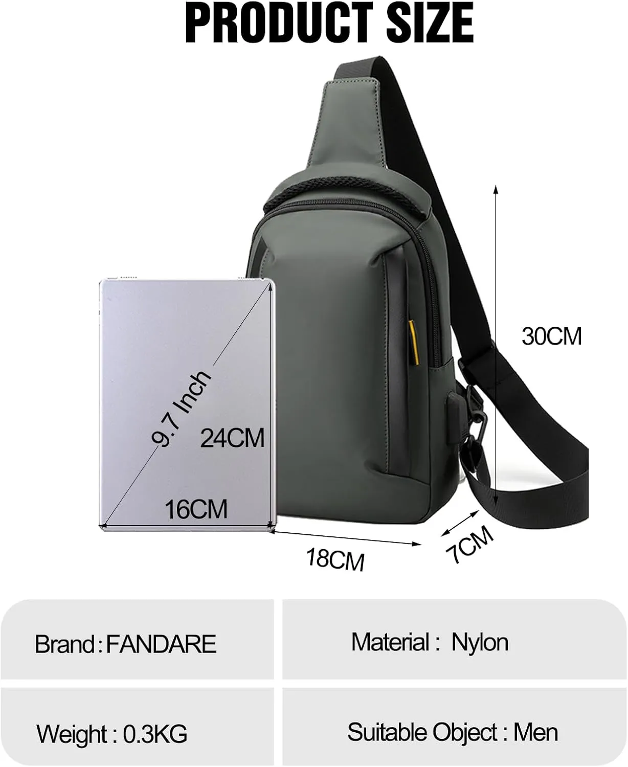 Men Crossbody sling bag Chest messenger pack with USB