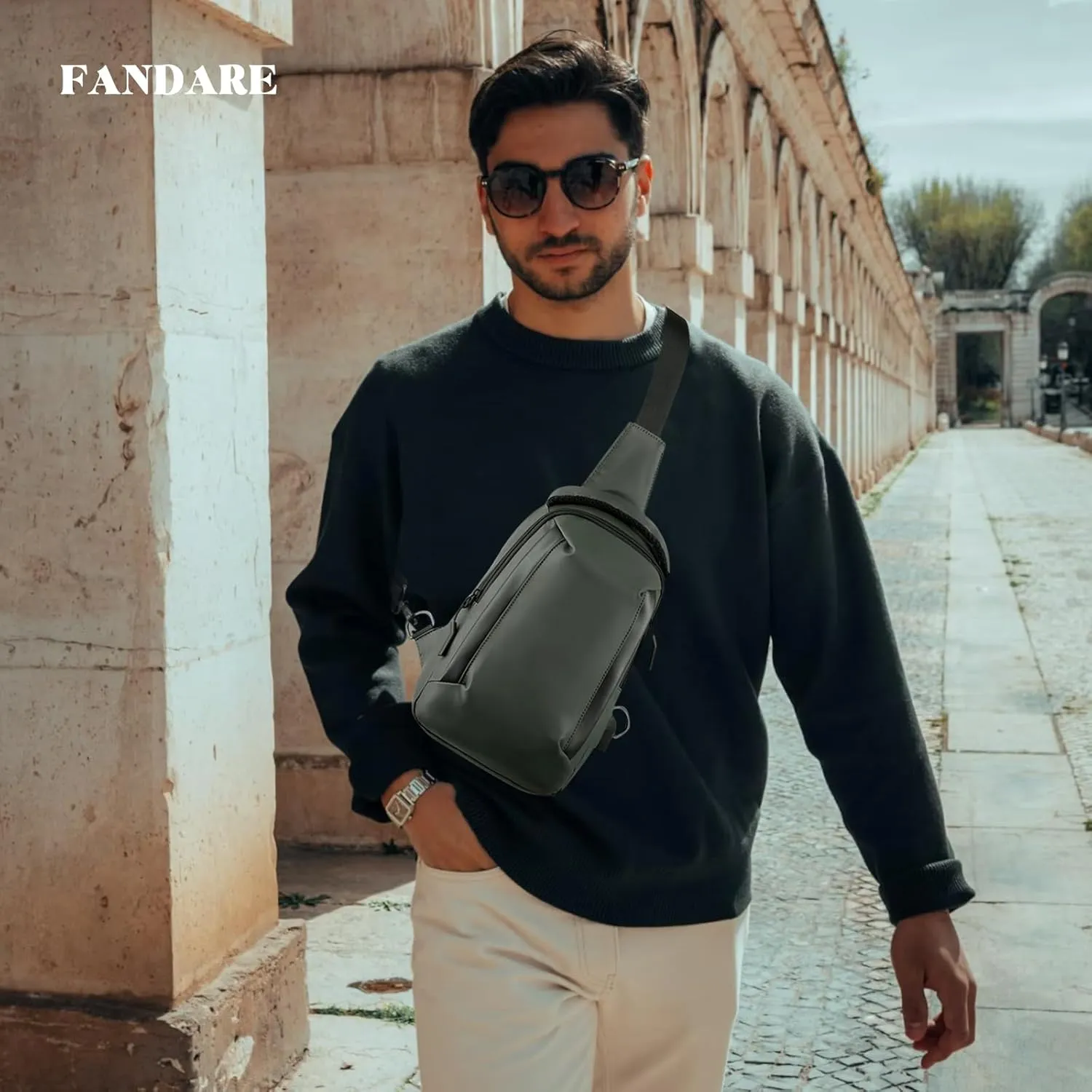 Men Crossbody sling bag Chest messenger pack with USB