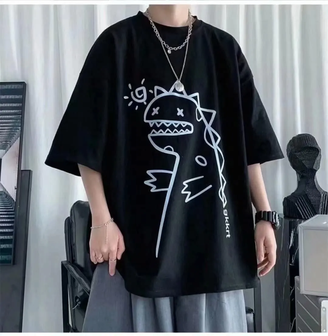 Men Harajuku Streetwear T-Shirt Grunge Oversized Baggy Tee Shirt Y2K Aesthetic Dinosaur Print Goth Emo Summer Clothes