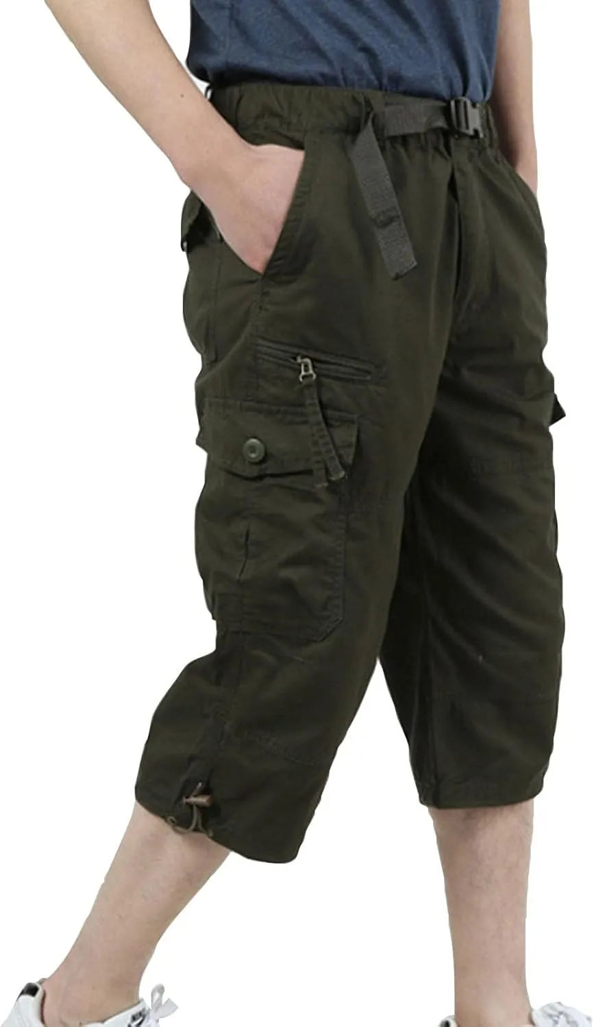 Mens 3/4 Relaxed Fit Army Tactical Running Shorts Cargo Shorts 7 Pockets Elastic Waist Cotton Sports Hiking Pants 2024 Trend
