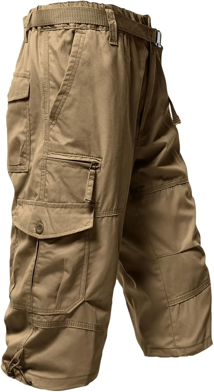 Mens 3/4 Relaxed Fit Army Tactical Running Shorts Cargo Shorts 7 Pockets Elastic Waist Cotton Sports Hiking Pants 2024 Trend
