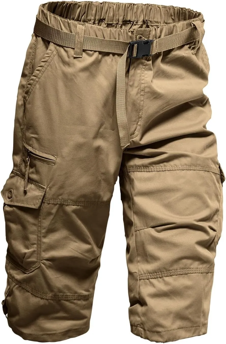 Mens 3/4 Relaxed Fit Army Tactical Running Shorts Cargo Shorts 7 Pockets Elastic Waist Cotton Sports Hiking Pants 2024 Trend