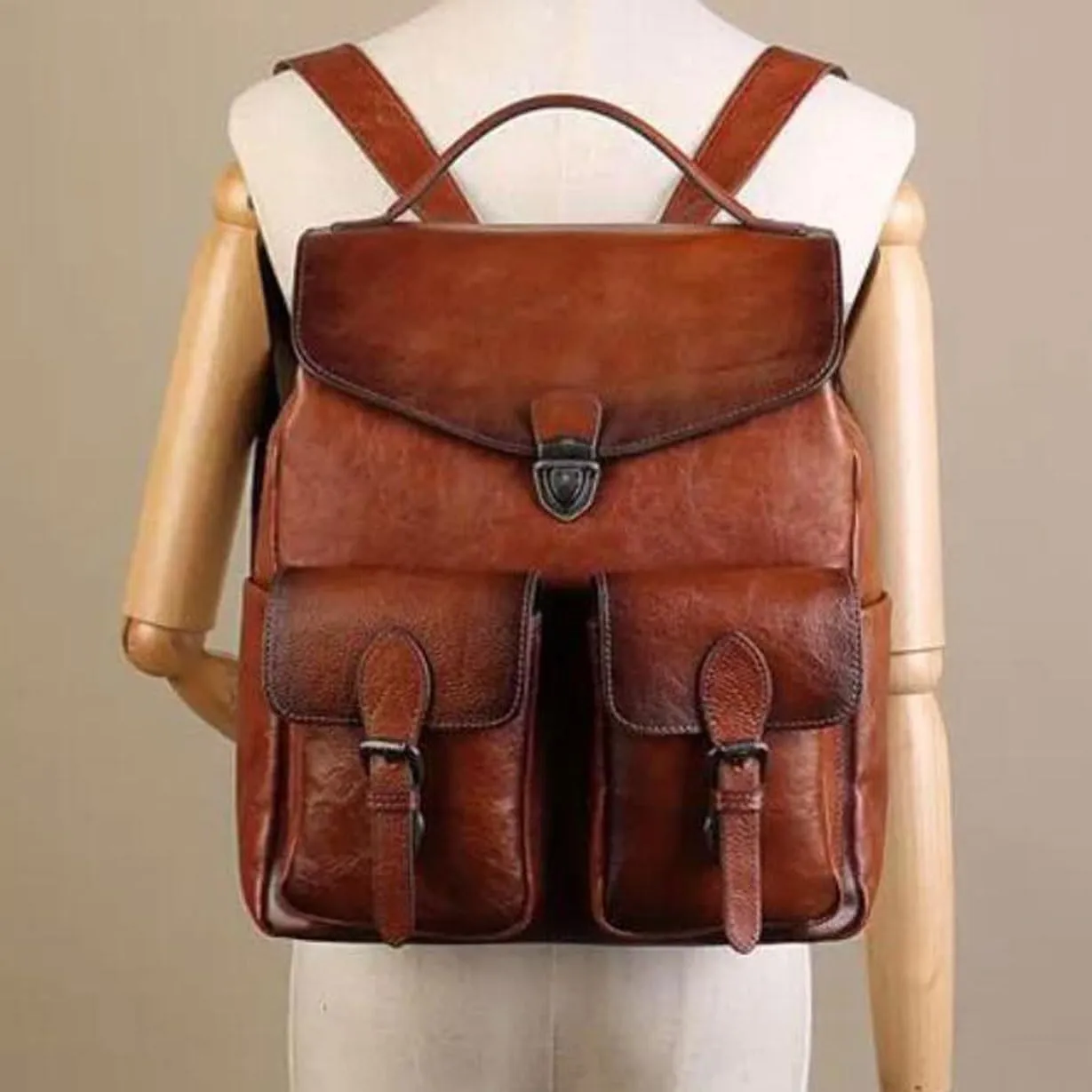 Mens Backpacks Genuine Leather Laptop Bags Briefcases Computers Bags Casual Daypack Luggage Travel Bags 13.3Inch(Brown-1)