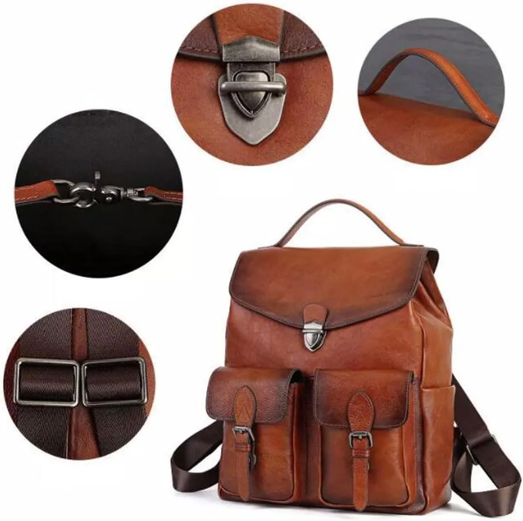 Mens Backpacks Genuine Leather Laptop Bags Briefcases Computers Bags Casual Daypack Luggage Travel Bags 13.3Inch(Brown-1)