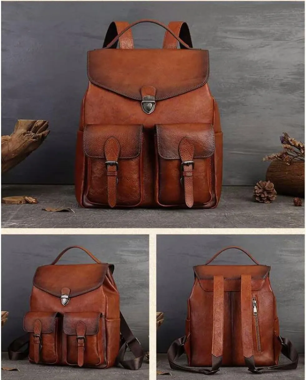 Mens Backpacks Genuine Leather Laptop Bags Briefcases Computers Bags Casual Daypack Luggage Travel Bags 13.3Inch(Brown-1)