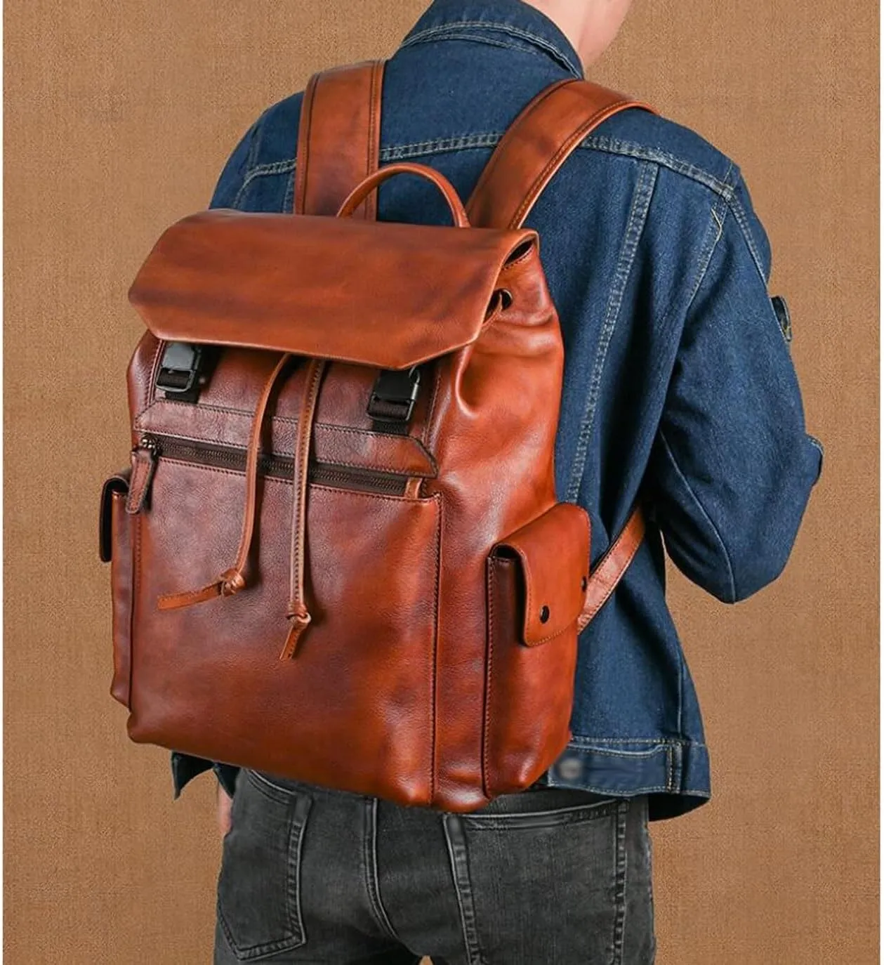 Mens Backpacks Genuine Leather Laptop Bags Briefcases Computers Bags Casual Daypack Travel Bags Luggage Bags 15Inch(Brown)