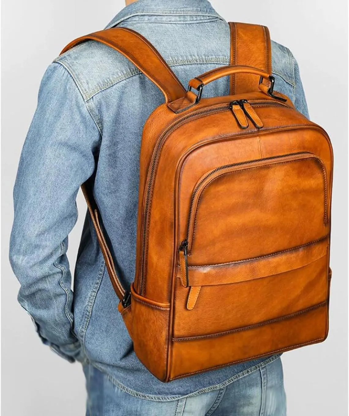 Mens Backpacks Genuine Leather Laptop Bags Casual Daypack Briefcases Computers Bags Luggage Travel Bags 17.3Inch(Black-1)