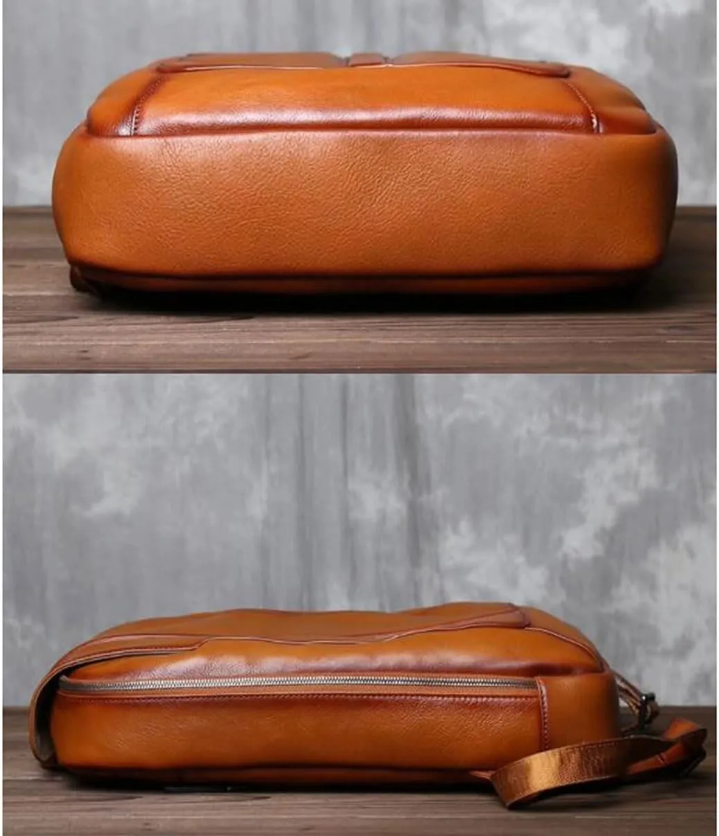 Mens Backpacks Genuine Leather Laptop Bags Casual Daypack Luggage Travel Bags Computers Bags Briefcases 15.7Inch(Brown)